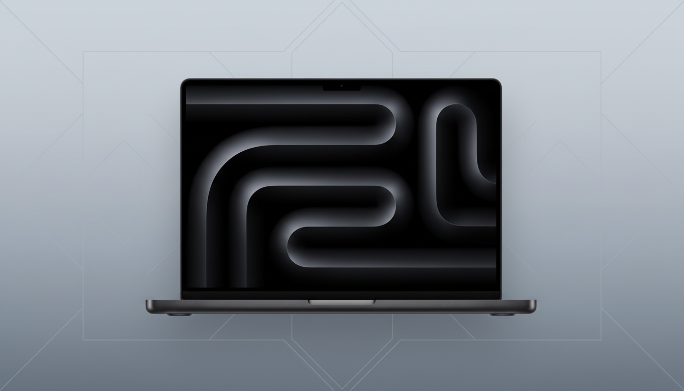 A dark gray laptop with a black screen displaying a dark, abstract pattern of curved lines, set against a professional light gray background with subtle geometric patterns.