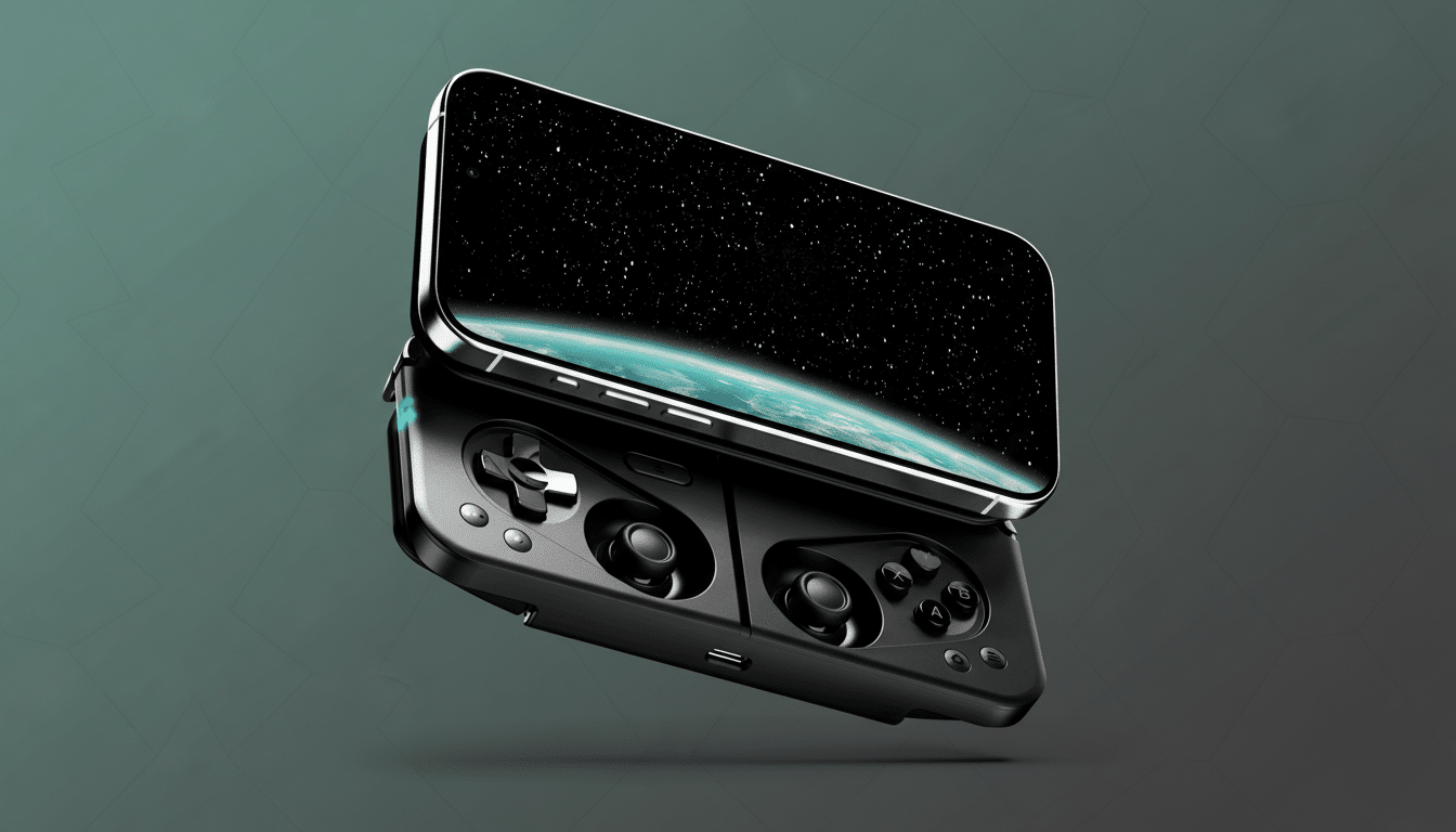 A black mobile gaming controller with a smartphone attached, displaying a space scene with Earth, set against a professional flat design background with soft patterns and gradients.