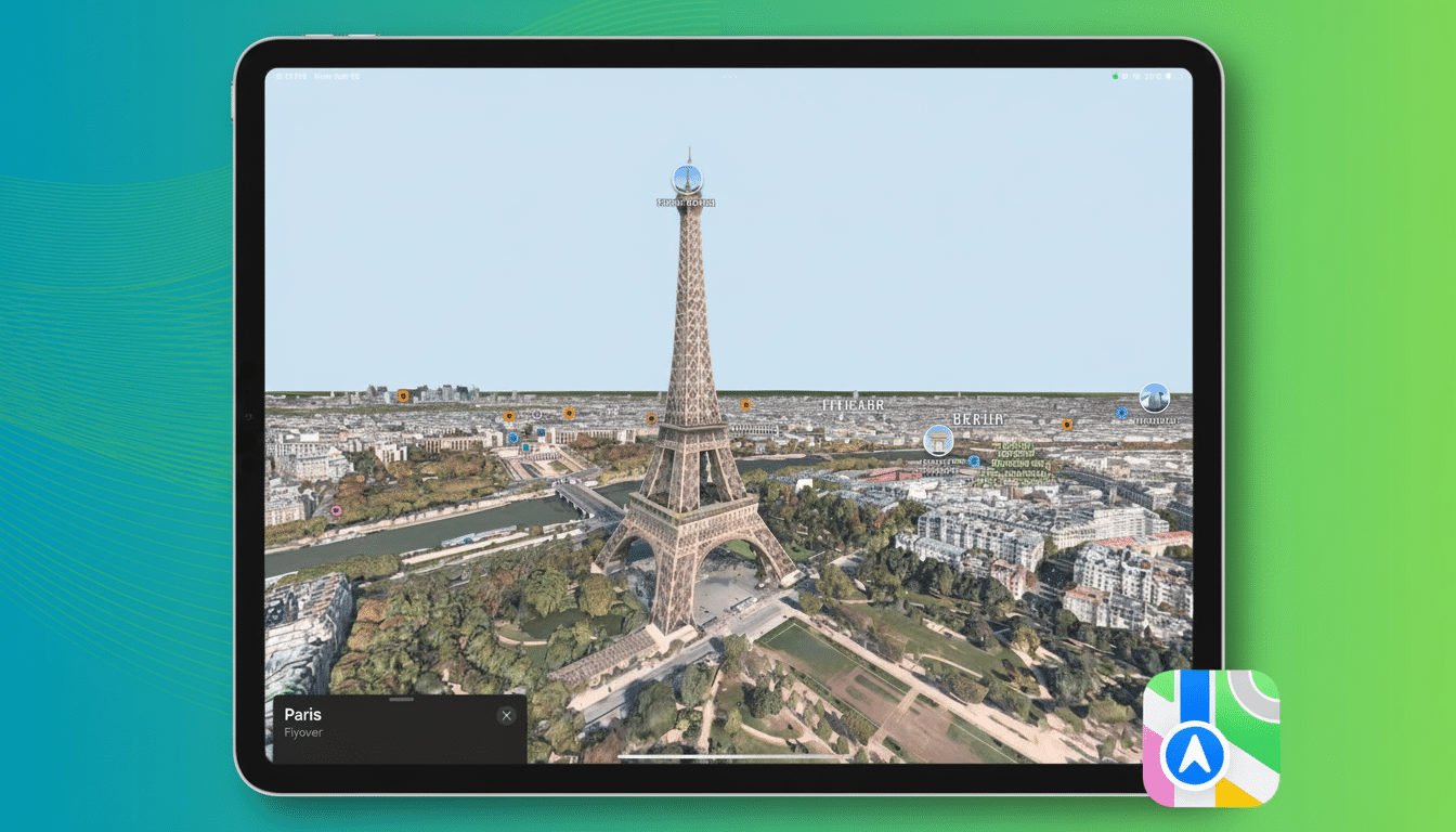 An iPad displaying a 3D map of Paris with the Eiffel Tower prominently featured, set against a professional gradient background.