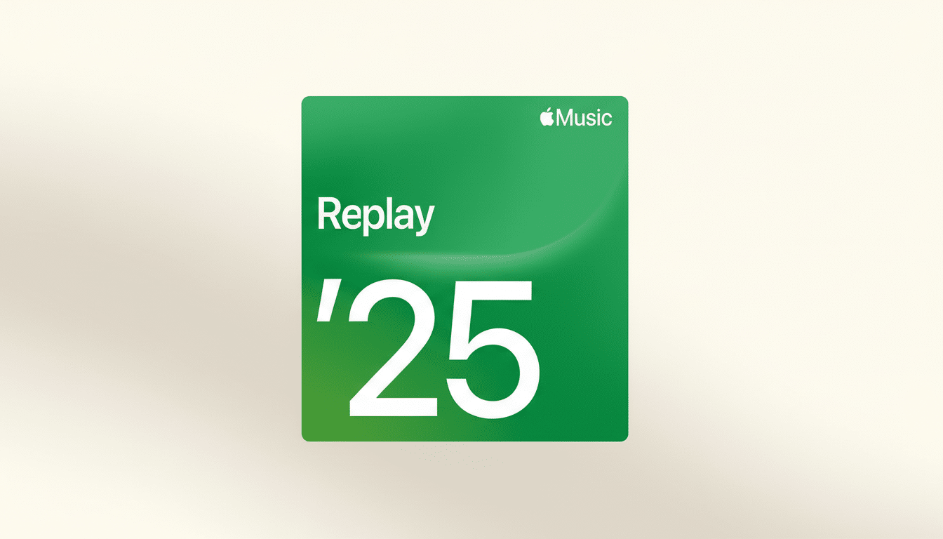 A 16:9 aspect ratio image of the Apple Music Replay 25 logo, featuring a green square with Replay 25 in white text and the Apple Music logo in the top right corner, set against a subtle gradient background.