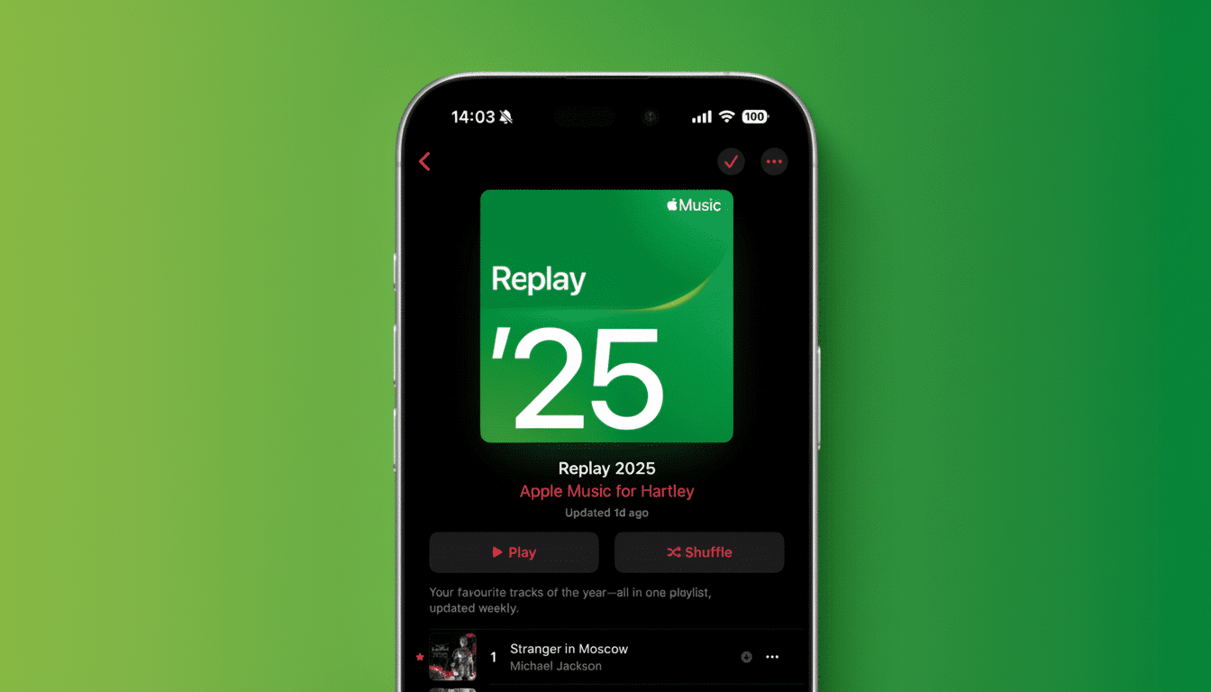An iPhone displaying the Apple Music Replay 2025 playlist on a green background, resized to a 16:9 aspect ratio.