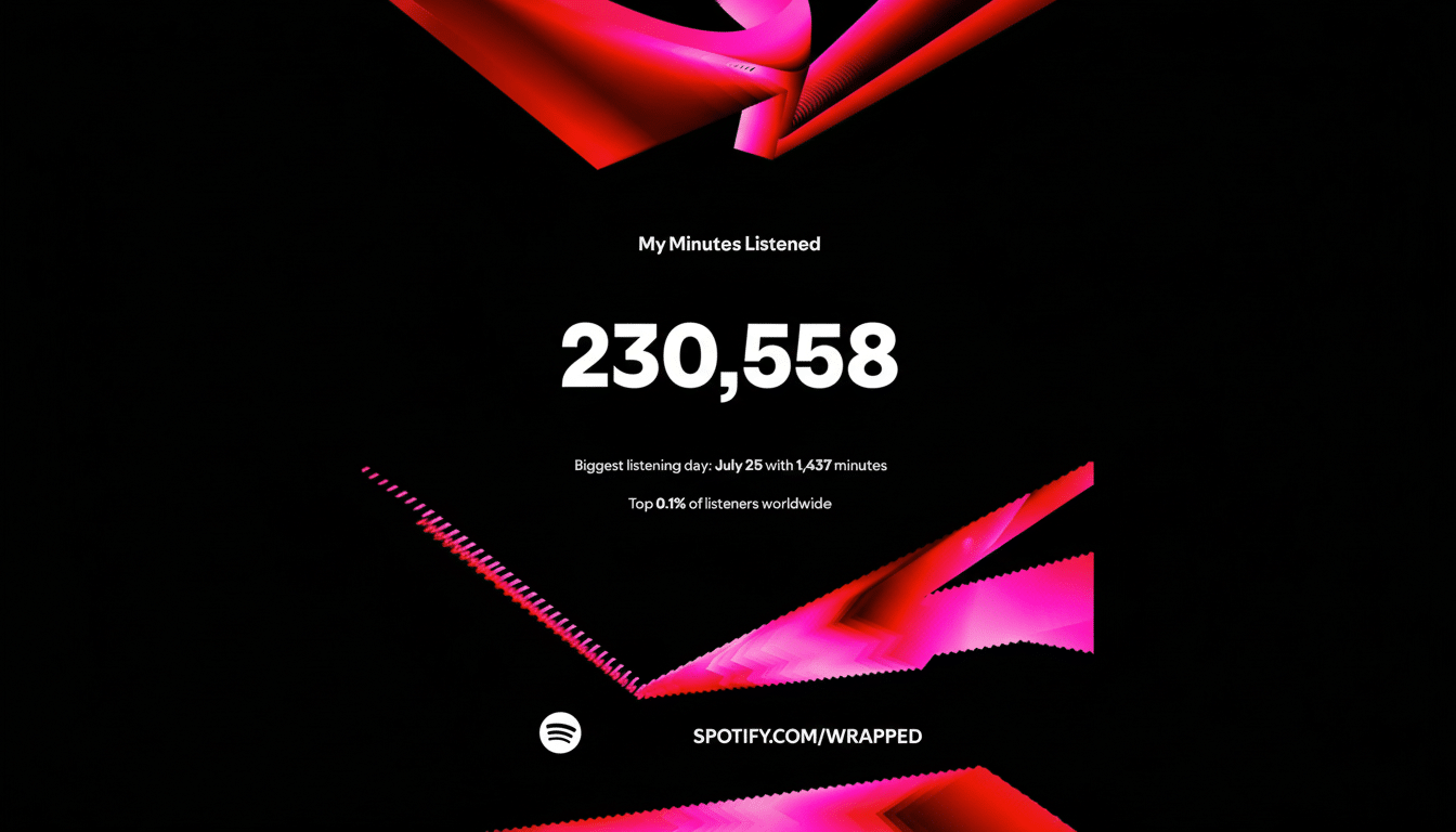 A Spotify Wrapped summary showing My Minutes Listened as 230,558, with the biggest listening day on July 25 with 1,437 minutes, and indicating Top 0.1% of listeners worldwide. The background is black with abstract pink and red graphic elements at the top and bottom, and the Spotify logo and SPOTIFY.COM/WRAPPED at the bottom.