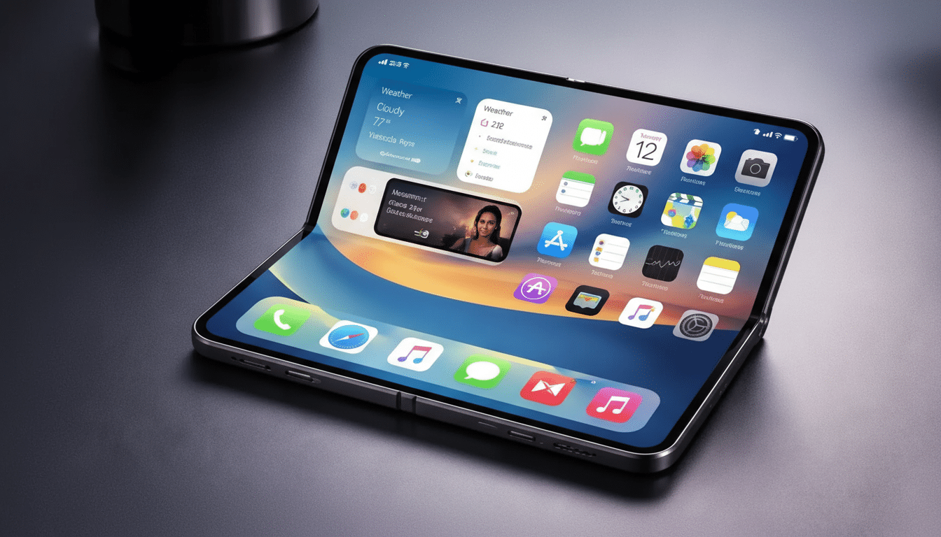 A foldable iPhone displaying various app icons and widgets on its screen, set against a dark, reflective surface.