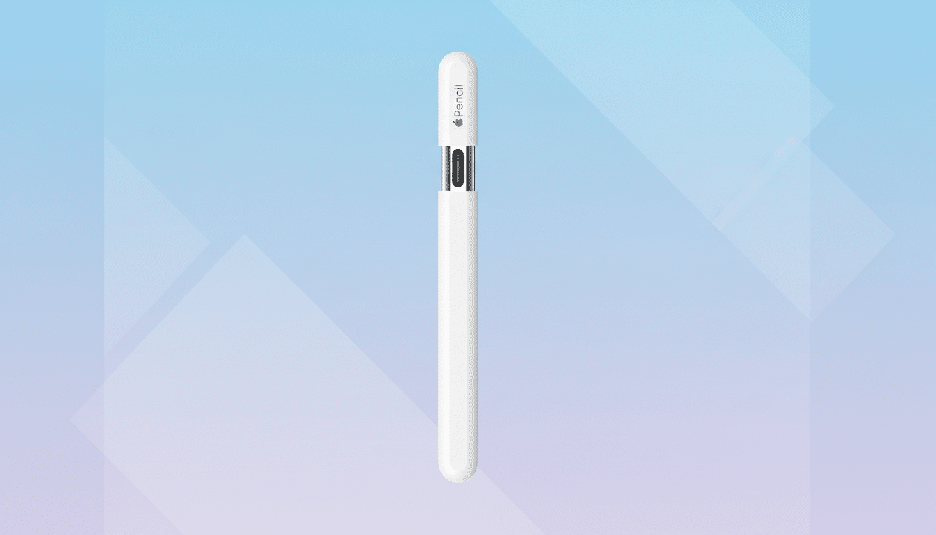 An Apple Pencil, white with a silver band, centered on a soft blue and purple gradient background with subtle geometric patterns.