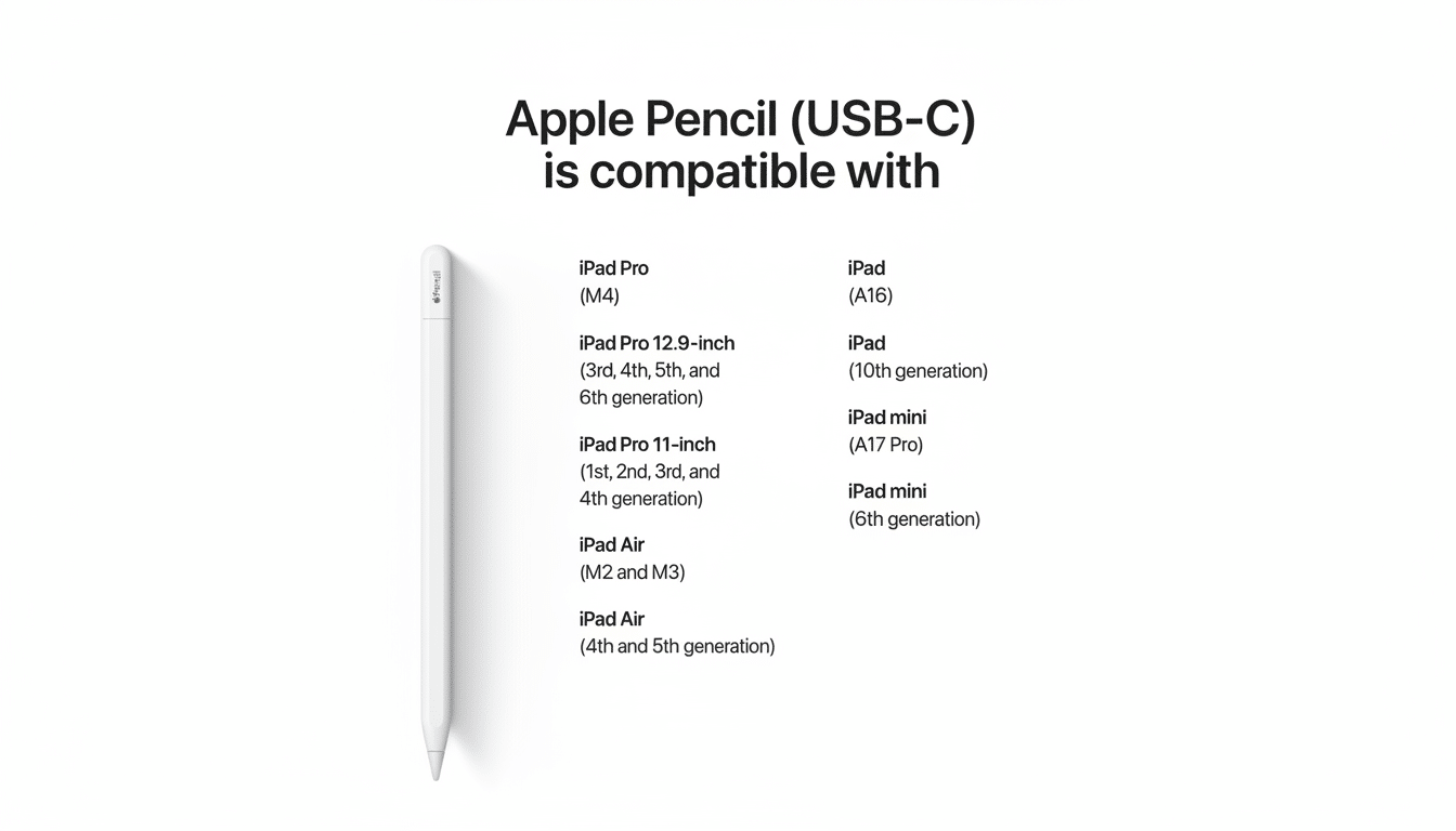 An image showing the compatibility of the Apple Pencil (USB-C) with various iPad models. The Apple Pencil is depicted on the left, and a list of compatible iPad models and generations is on the right.
