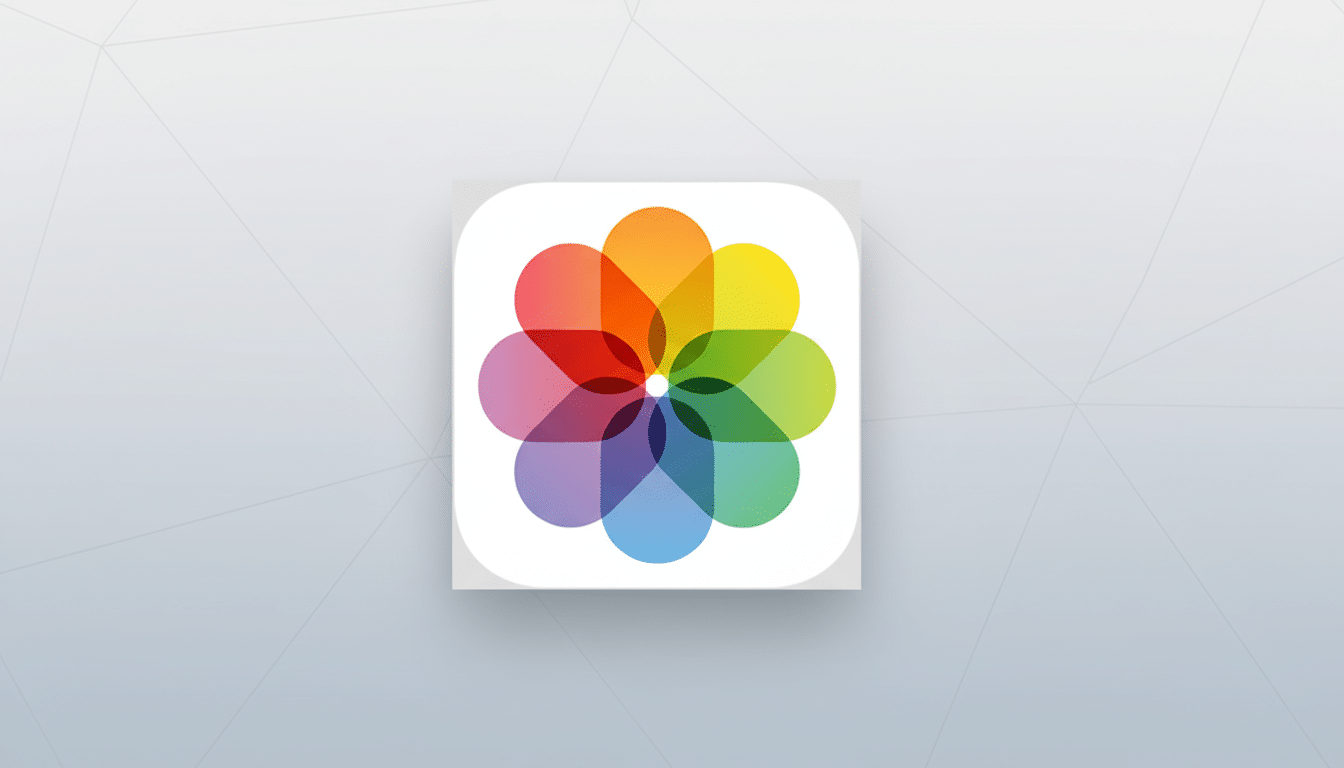 A 16:9 image of the Apple Photos app icon, featuring a colorful flower-like design on a white square with rounded corners, set against a professional flat gray background with subtle geometric patterns.