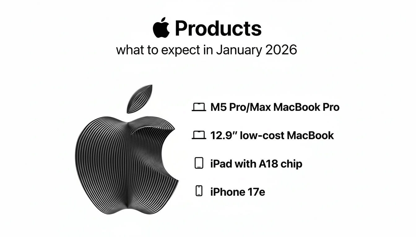 An image titled Apple Products: what to expect in January 2026 with a stylized Apple logo on the left and a list of four anticipated products on the right: M5 Pro/Max MacBook Pro, 12.9 low-cost MacBook, iPad with A18 chip, and iPhone 17e.