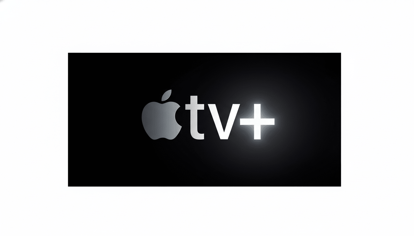 The Apple TV+ logo, featuring a silver Apple icon and the glowing white text tv+ on a black background, resized to a 16:9 aspect ratio with a professional white background.