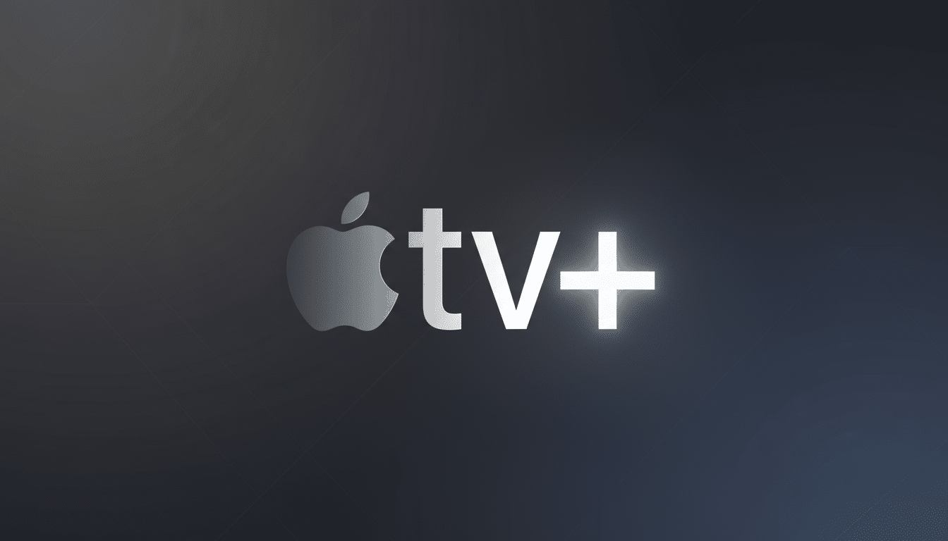 The Apple TV+ logo, featuring a silver Apple icon and the text tv+ in white, set against a professional dark gray background with a subtle gradient.