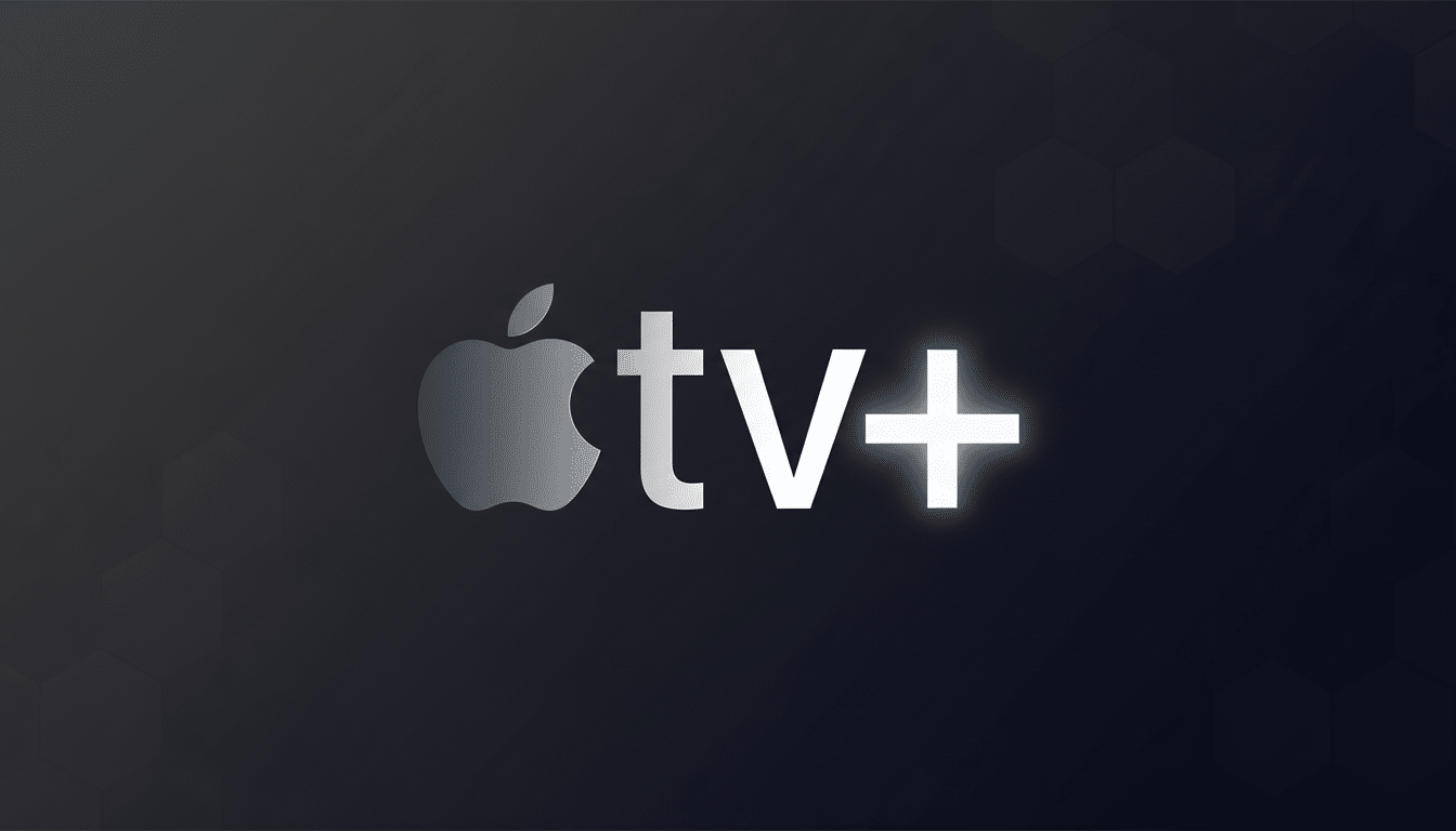 The Apple TV+ logo, featuring a silver Apple icon and the text tv+ in white, set against a dark gray background with subtle hexagonal patterns.