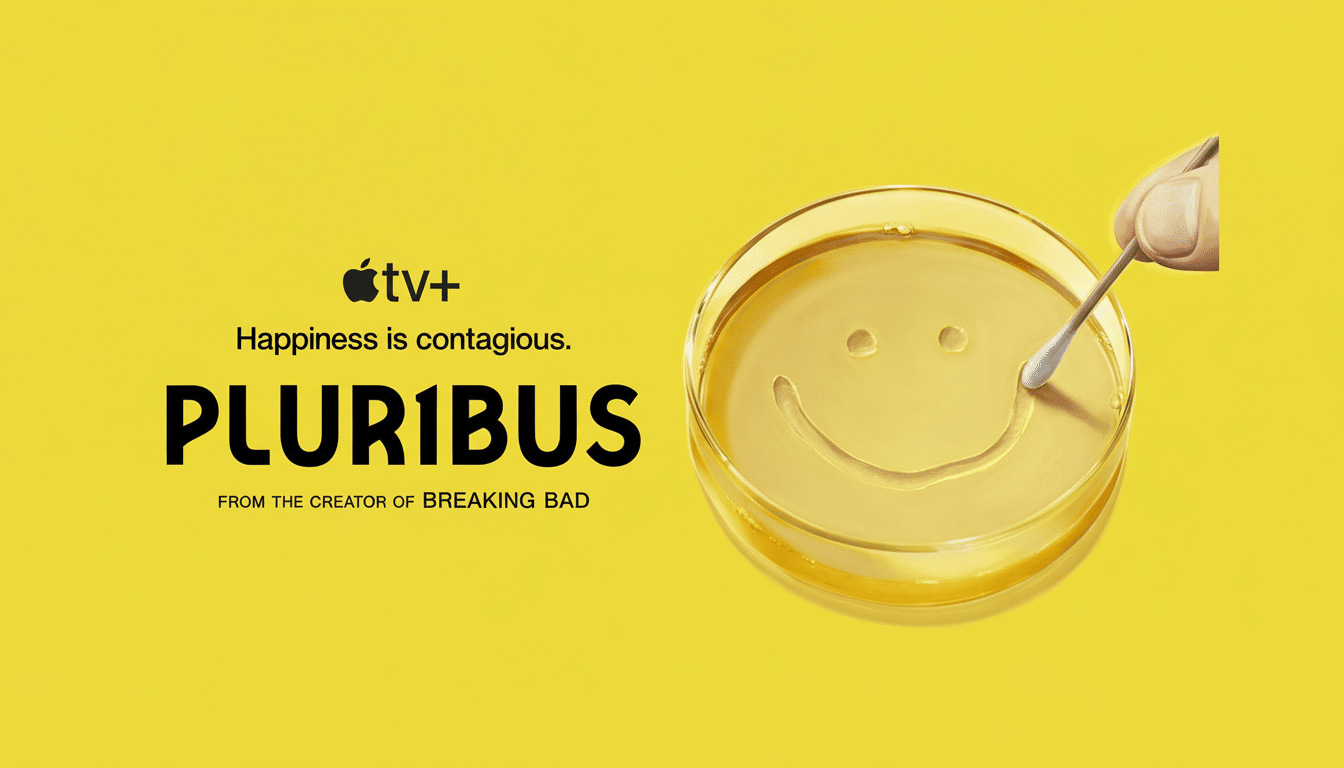 A 16:9 aspect ratio image featuring the Apple TV+ logo and text Happiness is contagious. PLURIBUS FROM THE CREATOR OF BREAKING BAD on a yellow background, with a hand using a swab to draw a smiley face in a petri dish filled with yellow liquid.