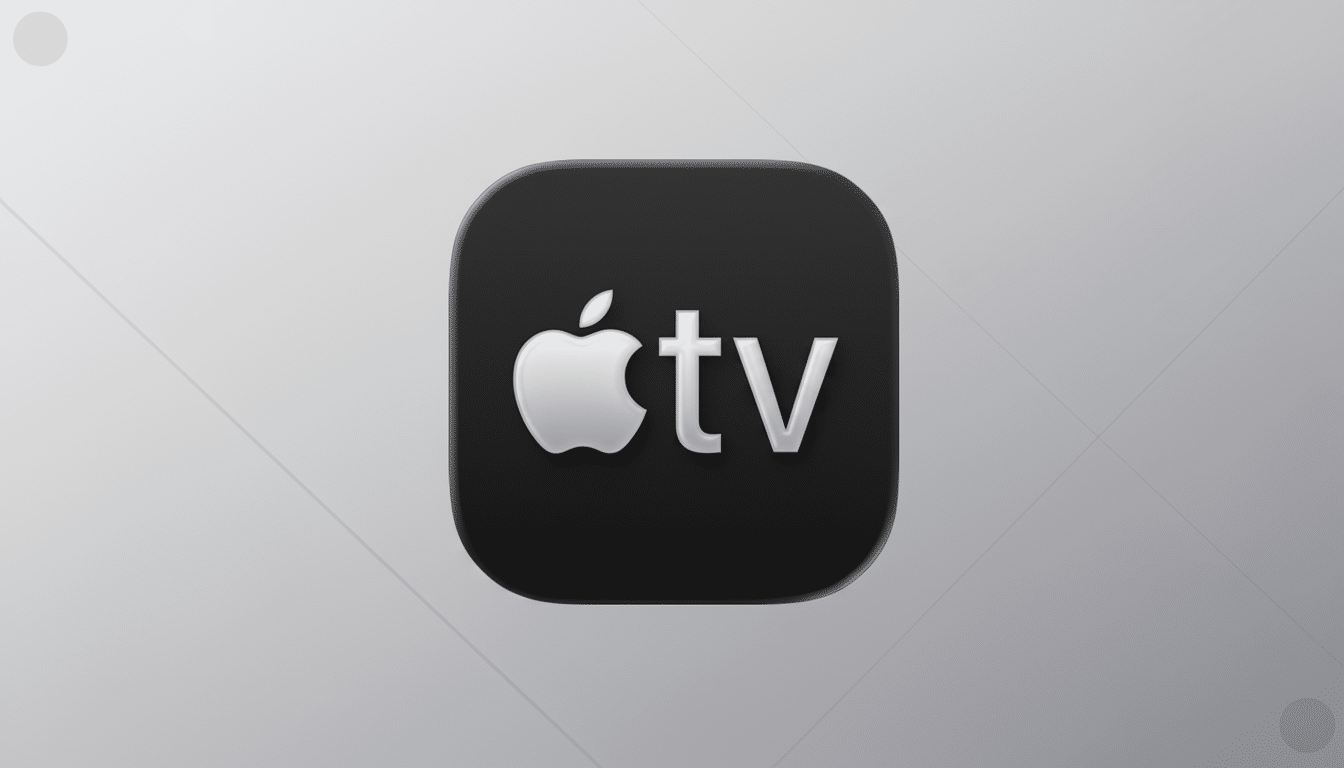 The Apple TV app icon, featuring a silver Apple logo and tv text on a black rounded square, set against a professional 16:9 aspect ratio background with subtle gray gradients and soft geometric patterns.