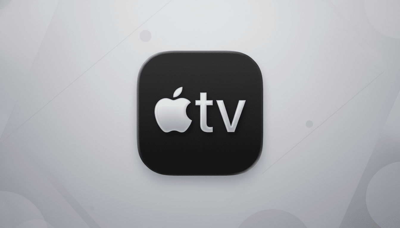 The Apple TV app icon, a white Apple logo next to tv on a black rounded square, is centered on a professional 16:9 aspect ratio background with soft gray gradients and subtle geometric patterns.