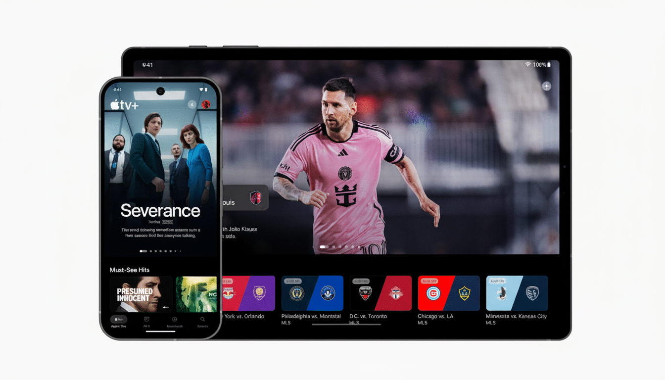 A smartphone and a tablet displaying the Apple TV+ interface. The smartphone shows the Severance series page, while the tablet displays a live soccer match featuring Lionel Messi.