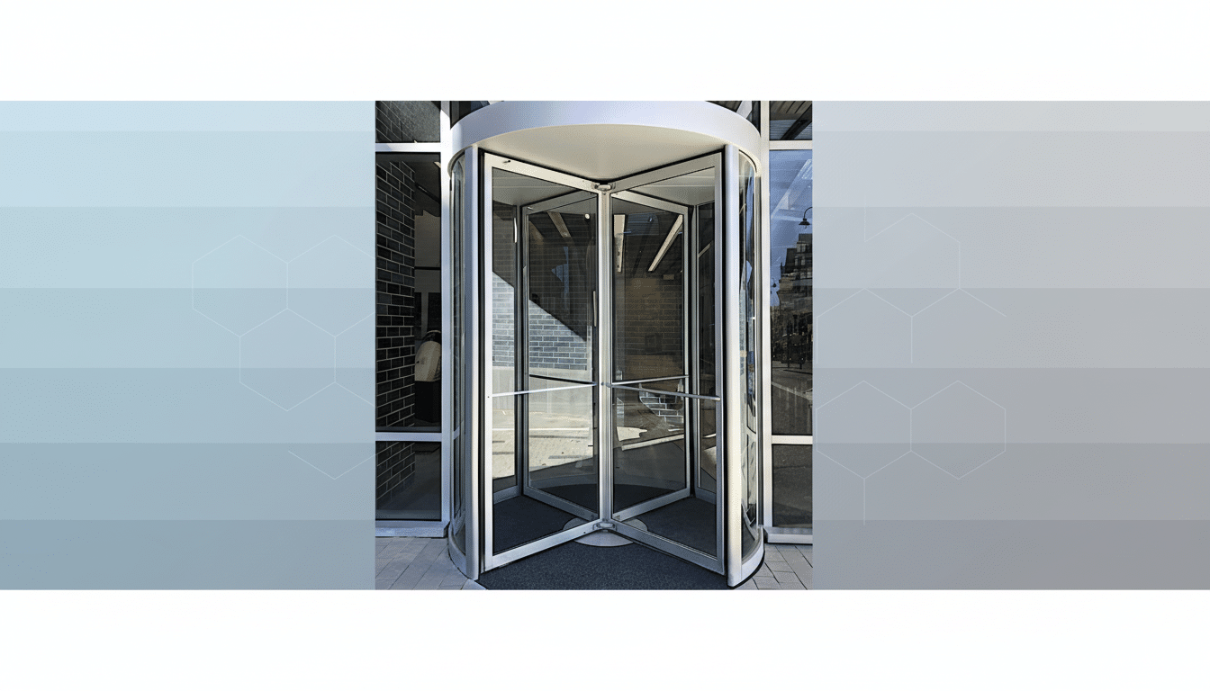 A modern revolving door with a professional flat design background featuring soft patterns and gradients.
