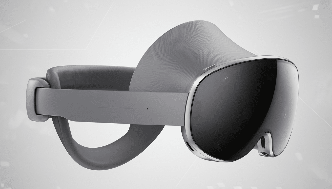 A gray virtual reality headset with a black visor and silver accents, presented on a professional light gray background with subtle geometric patterns.