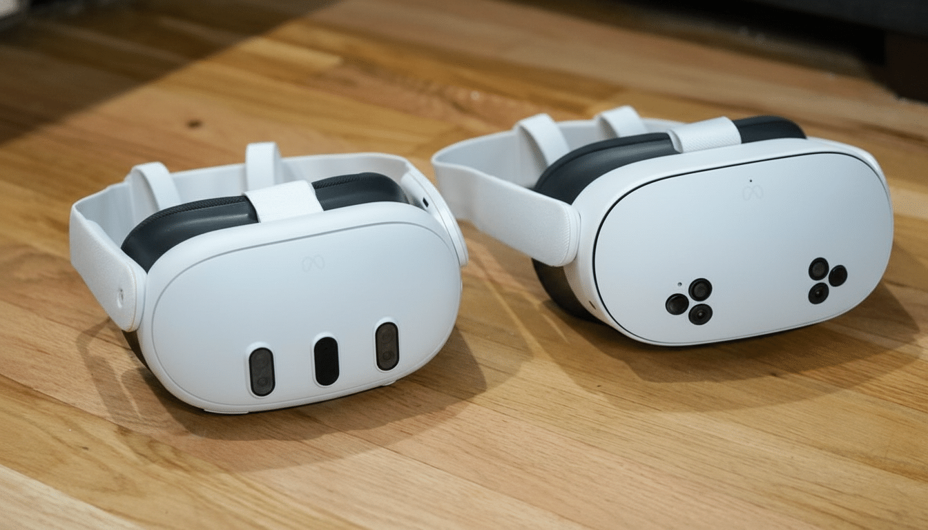 Two white virtual reality headsets are displayed on a wooden surface.