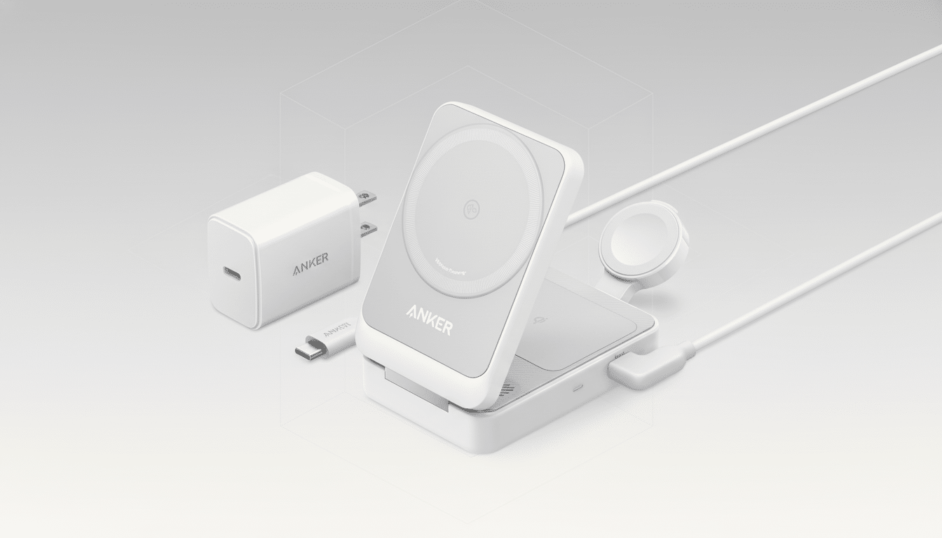 Anker 3-in-1 wireless charging station with a power adapter and USB-C cable on a professional flat design background with soft patterns.