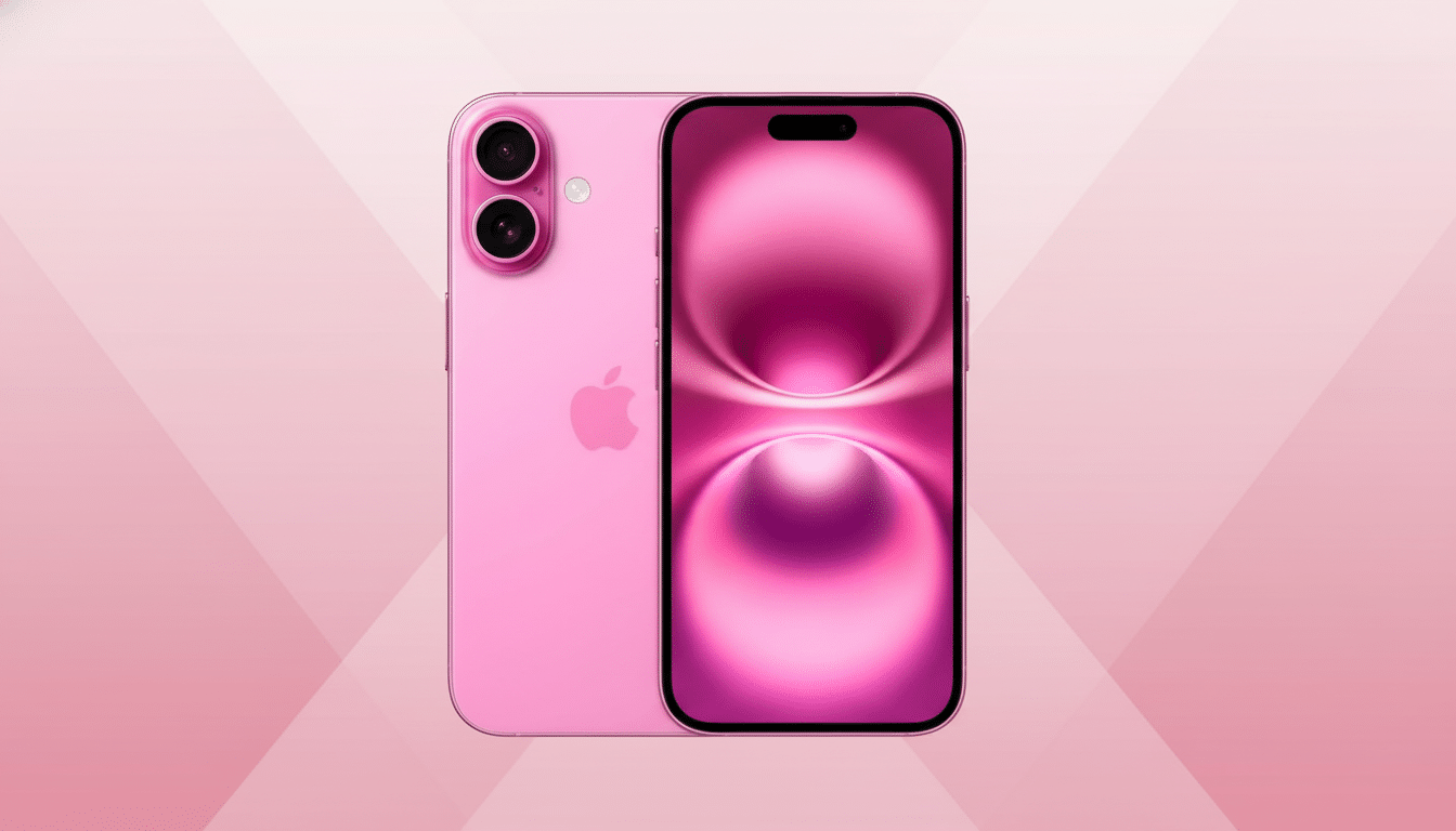 A pink smartphone with two cameras on the back and a screen displaying a pink abstract design, set against a light pink background with subtle geometric patterns.
