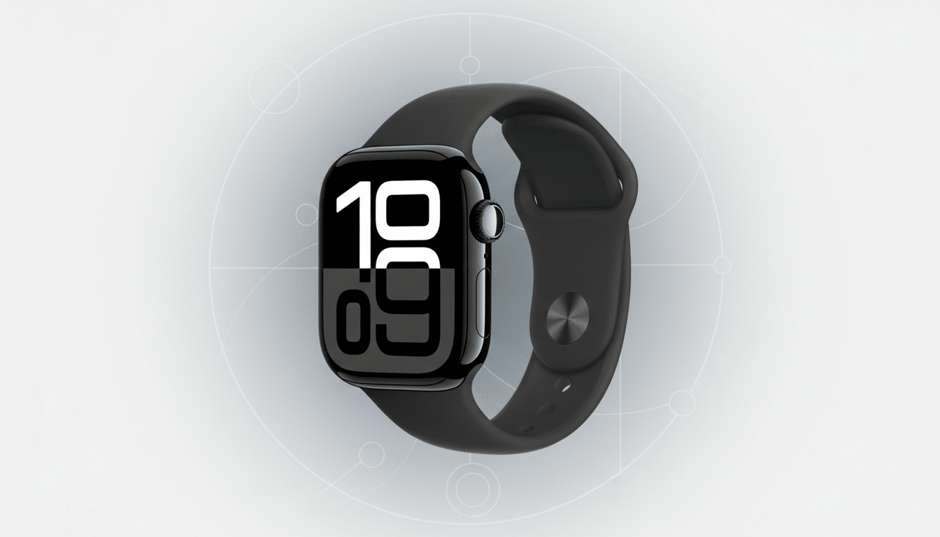 A black Apple Watch with a black band is centered on a light gray background with subtle geometric patterns.