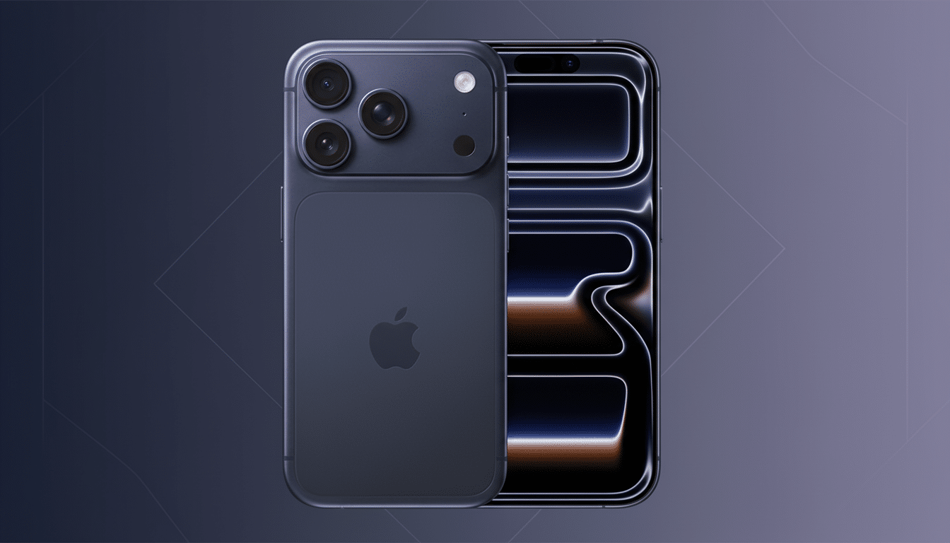 A dark blue iPhone 15 Pro Max is shown from the back and front, with the back facing forward and the screen of the front-facing phone displaying a dark, abstract wallpaper with glowing lines. The background is a professional flat design with soft purple and gray gradients and subtle geometric patterns.