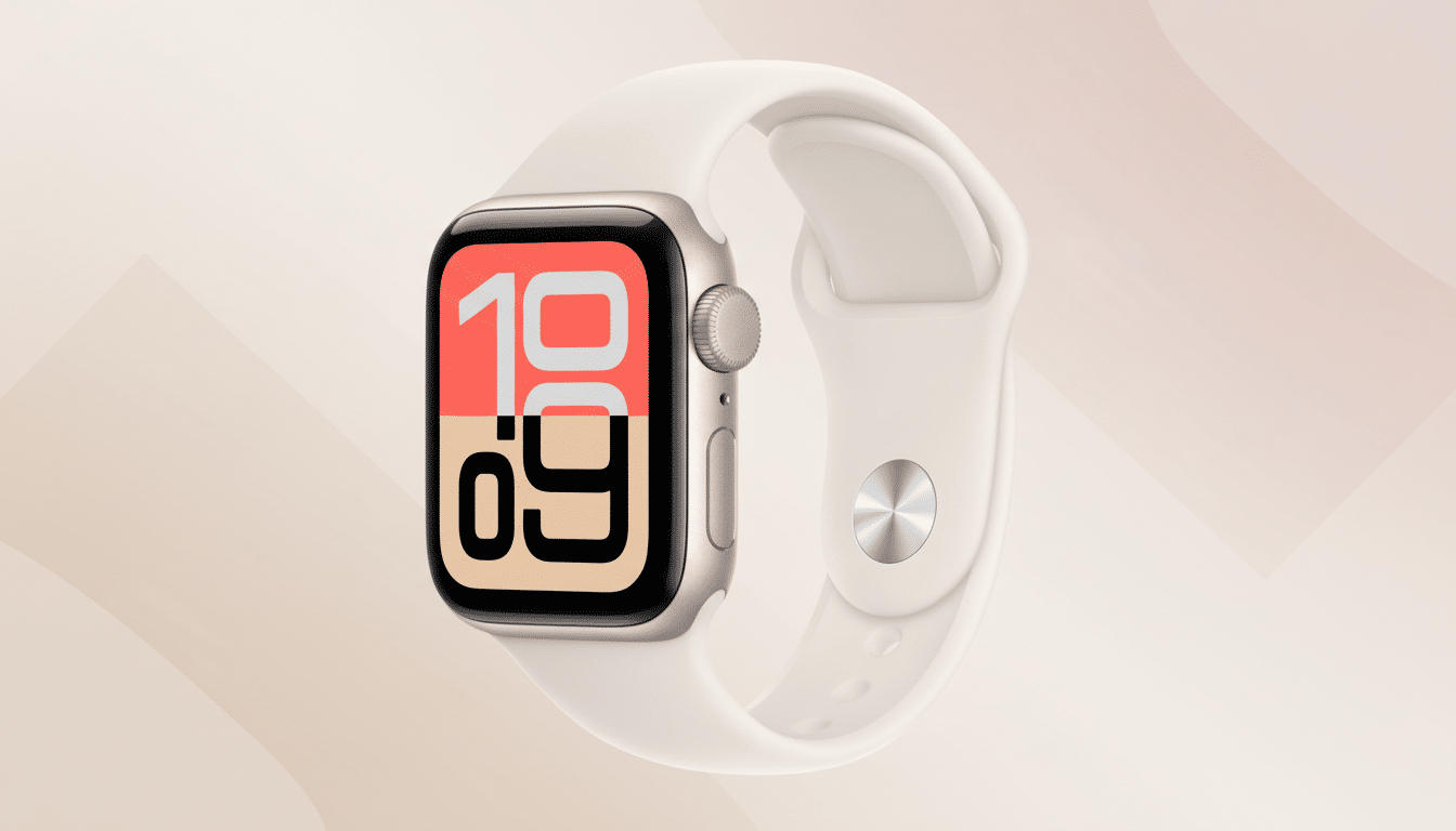 An Apple Watch SE with a gold aluminum case and a starlight sport band, displaying a watch face with large red and beige numbers showing 10:09, set against a professional flat design background with soft, light beige and pink gradients and subtle wave patterns.
