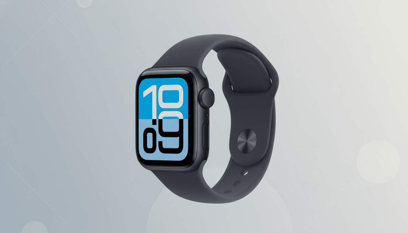 A dark gray Apple Watch with a blue and white digital display showing 10:09 on a professional light gray background with subtle geometric patterns.