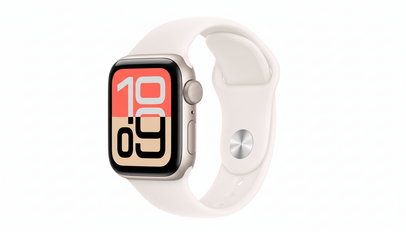 An Apple Watch with a gold case and a white sport band, displaying the time 10:09 on a split coral and beige watch face, presented on a clean white background.