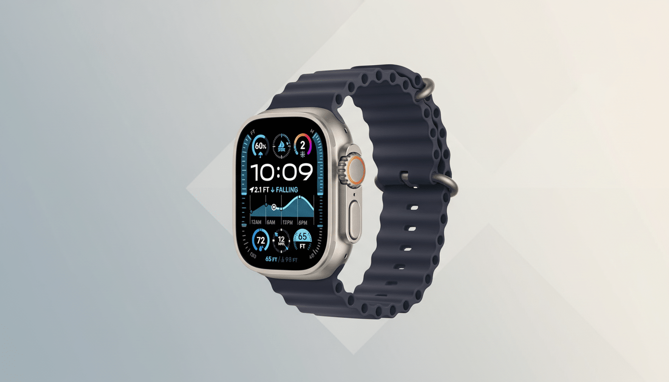 An Apple Watch Ultra with a dark blue band is centered on a professional flat design background with soft gray and white gradients and subtle geometric patterns.
