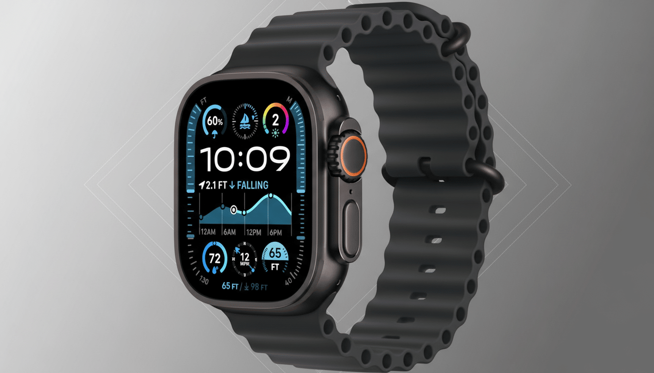 A dark gray smartwatch with a black wavy band, displaying a watch face with time, weather, and activity data, set against a professional gray gradient background with subtle geometric patterns.