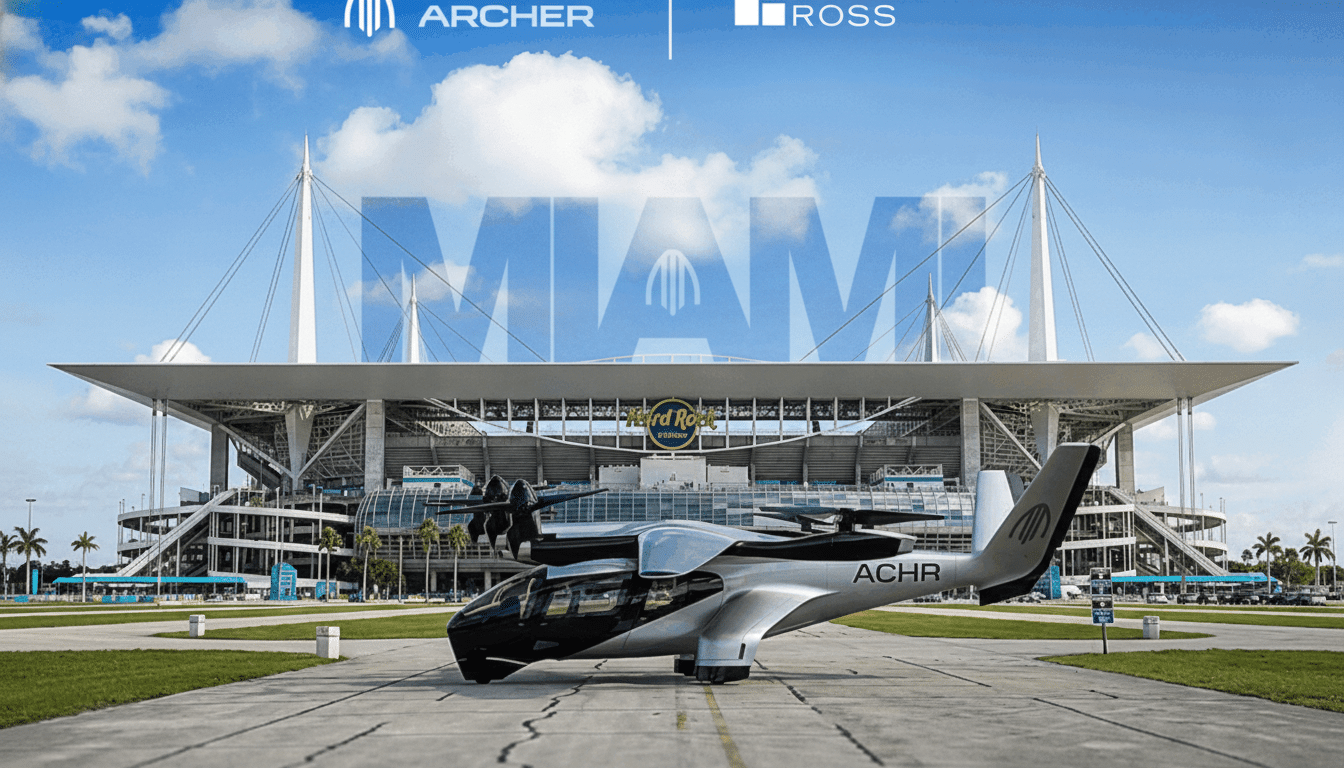 Archer Aviation eVTOL over Miami skyline for air taxi network launch