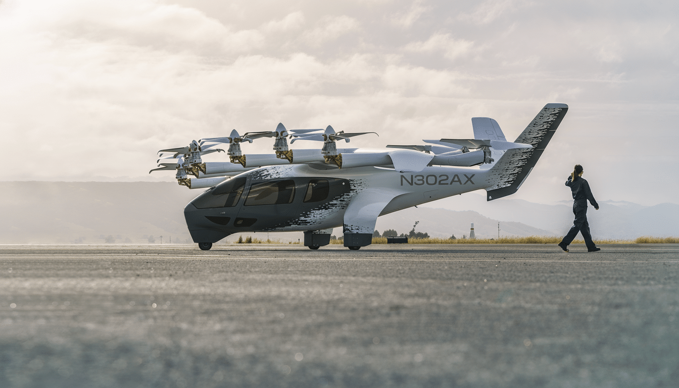 A white and grey electric vertical takeoff and landing (eVTOL) aircraft, model N302AX, is parked on an airfield with a person walking in the foreground. The background features a cloudy sky and distant hills.