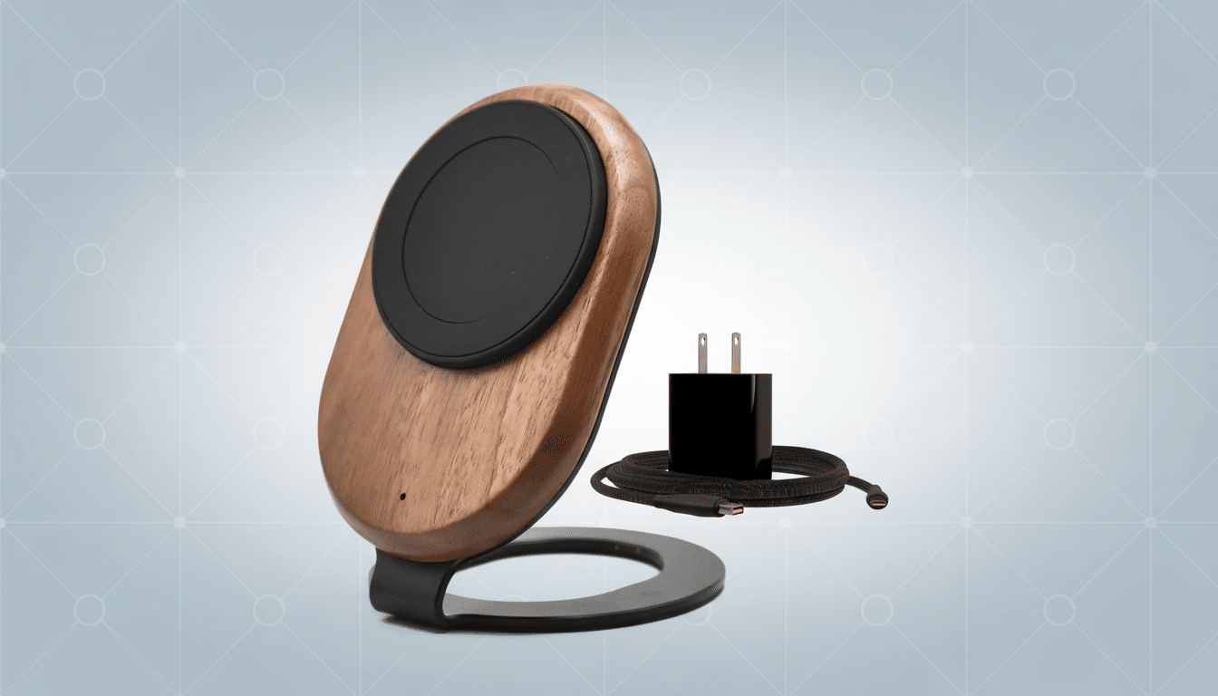 A wooden and black wireless charging stand with a black power adapter and braided USB-C cable on a light gray background with a subtle geometric pattern.