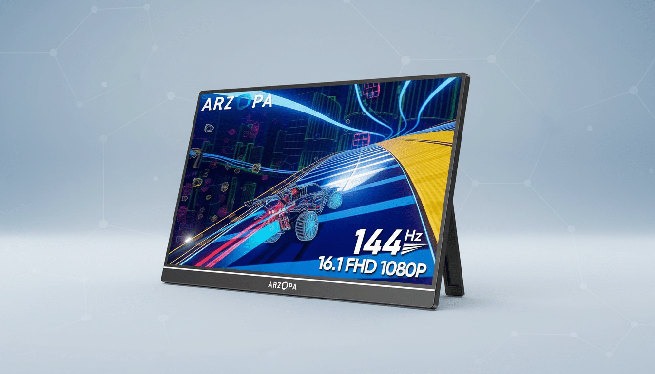 A professional image of an ARZOPA portable monitor, showcasing a vibrant racing game on its screen with 144Hz 16.1 FHD 1080P text. The monitor is set against a clean, light gray background with subtle geometric patterns.
