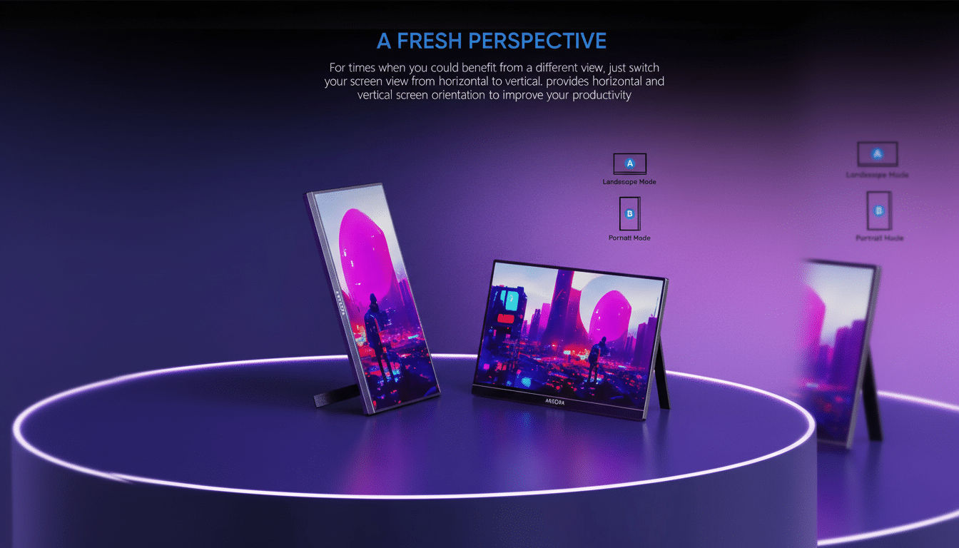 A professional image showcasing two portable monitors, one in portrait mode and one in landscape mode, on a purple surface with neon light accents.