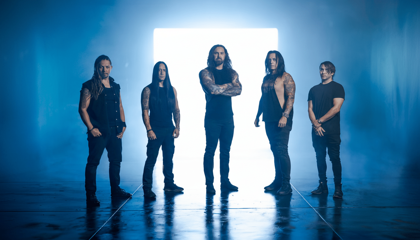 Five men in dark clothing stand in a line against a smoky blue background with a bright white rectangular light behind them.