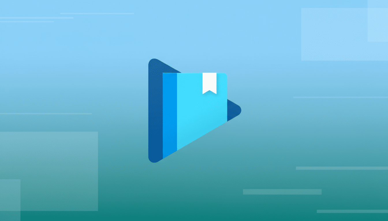 A 16:9 aspect ratio image of the Google Play Books icon, featuring a blue play button shape with a lighter blue book icon and a white bookmark, set against a professional flat design background with soft blue and green gradients and subtle geometric patterns.