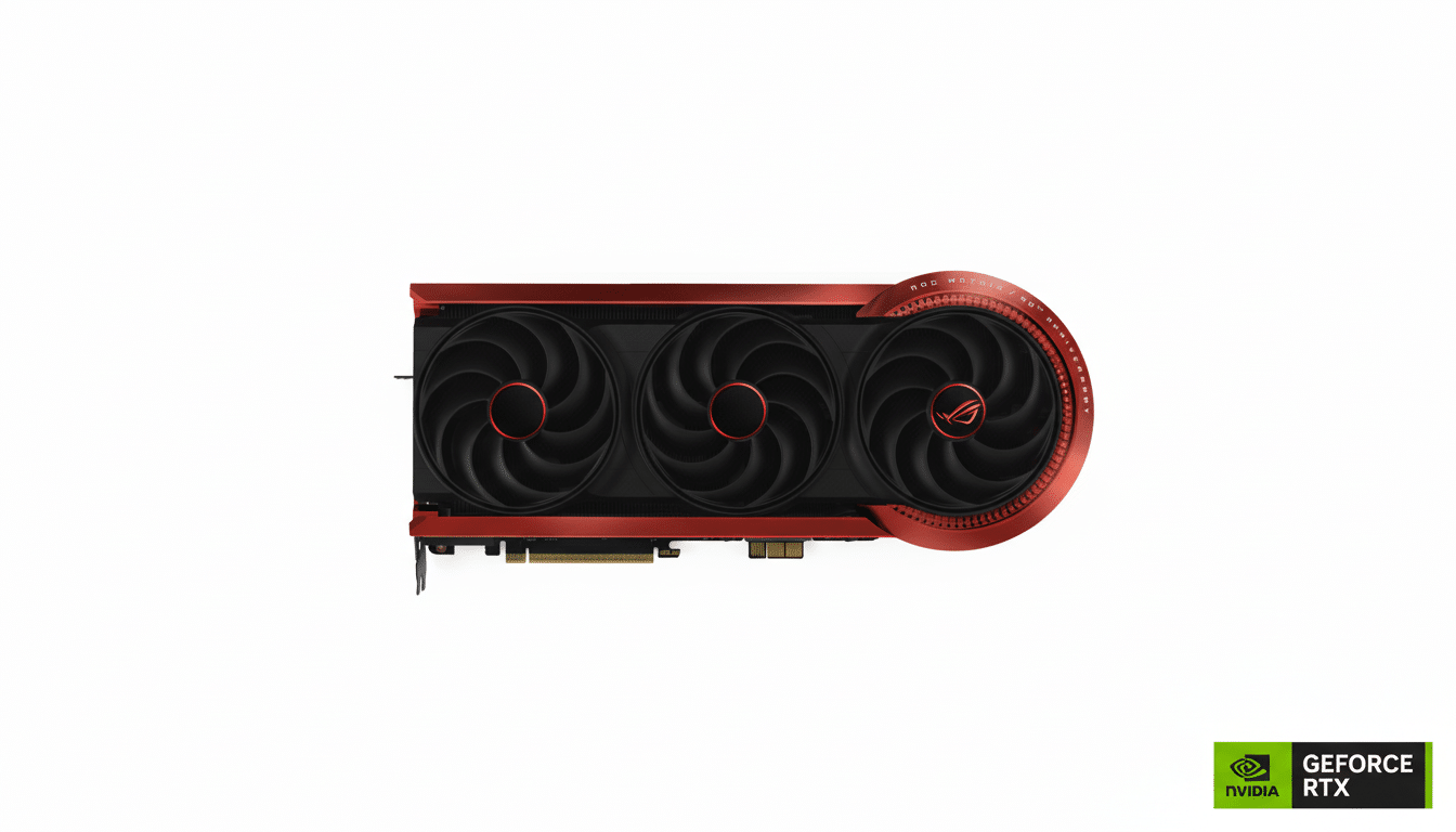 A red and black ASUS ROG Matrix 30th Anniversary NVIDIA GeForce RTX graphics card, viewed from the top, set against a clean white background.