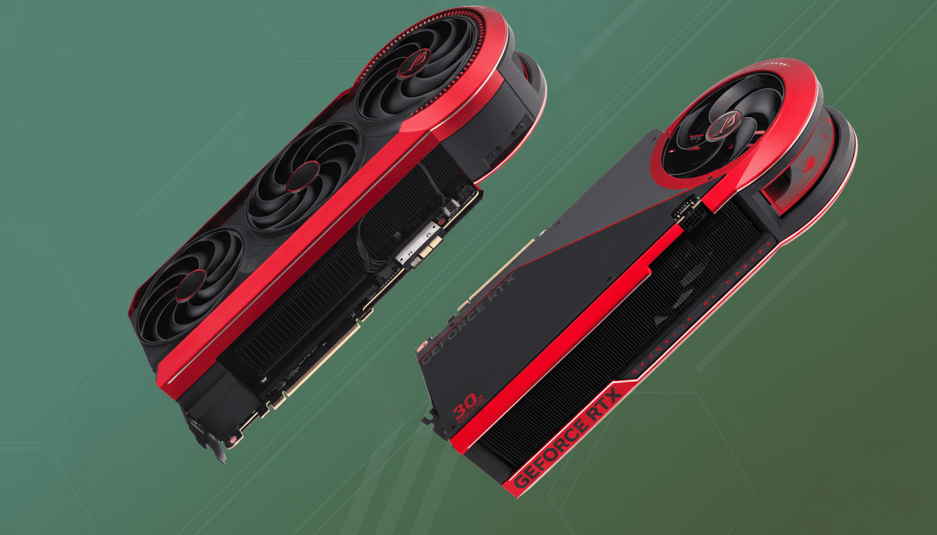 Two red and black graphics cards are displayed against a professional green background with subtle patterns.