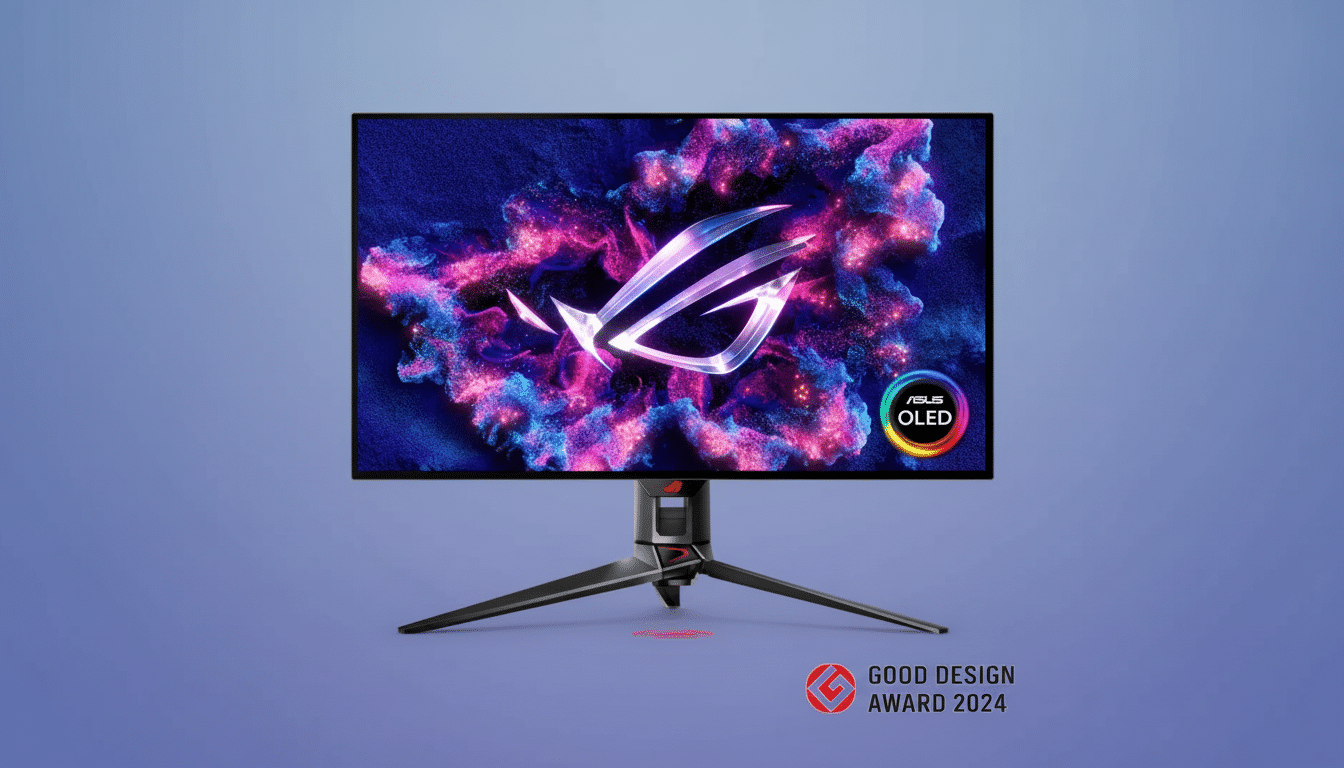 A 16:9 aspect ratio image of an ASUS ROG OLED monitor with a vibrant, abstract wallpaper, set against a professional flat blue background with a subtle gradient. The GOOD DESIGN AWARD 2024 logo is visible at the bottom right.