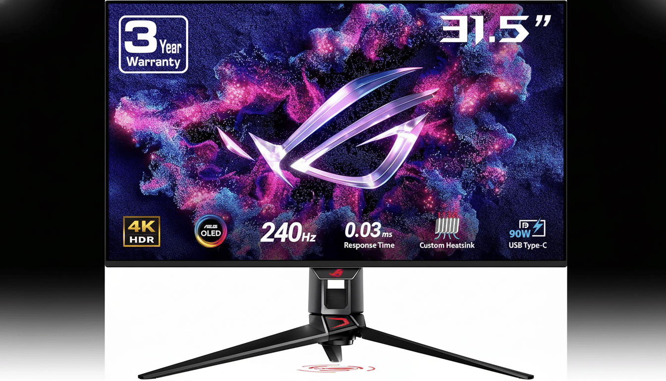 A 31.5-inch ASUS ROG Swift OLED gaming monitor with a 4K HDR display, 240Hz refresh rate, and 0.03ms response time, set against a professional black and white gradient background.