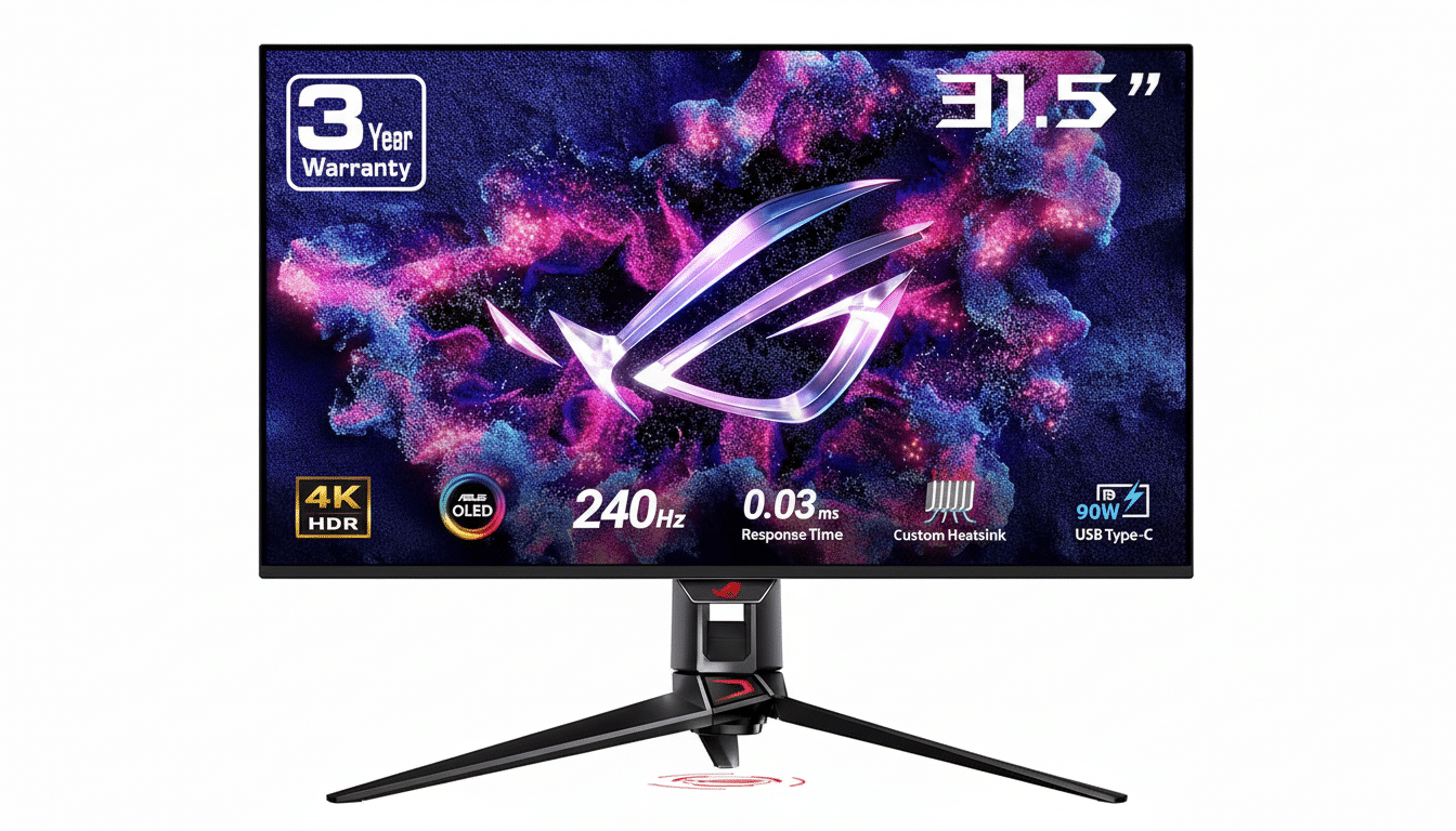 A 31.5-inch ASUS ROG Swift OLED gaming monitor with a 4K HDR display, 240Hz refresh rate, and 0.03ms response time, set against a clean white background.