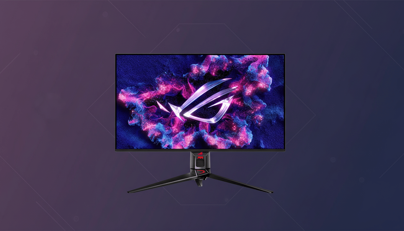 A professional image of a black gaming monitor with a vibrant, abstract wallpaper featuring the ROG logo, set against a clean, dark purple background with subtle geometric patterns.