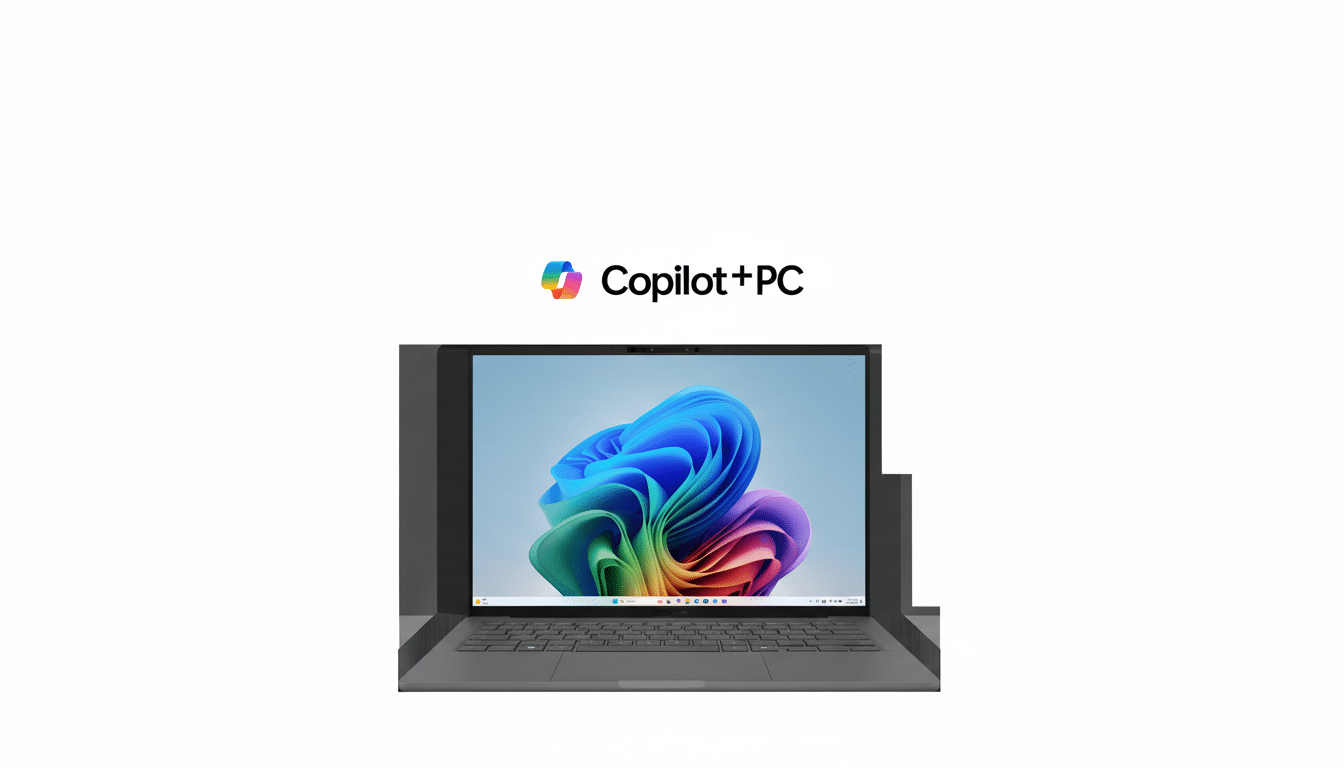 A laptop with the Copilot+PC logo above it, set against a clean white background.