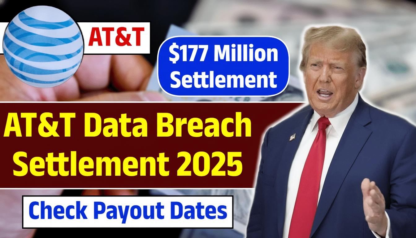 An image with text AT&T Data Breach Settlement 2025 and Check Payout Dates with a picture of Donald Trump and the AT&T logo.