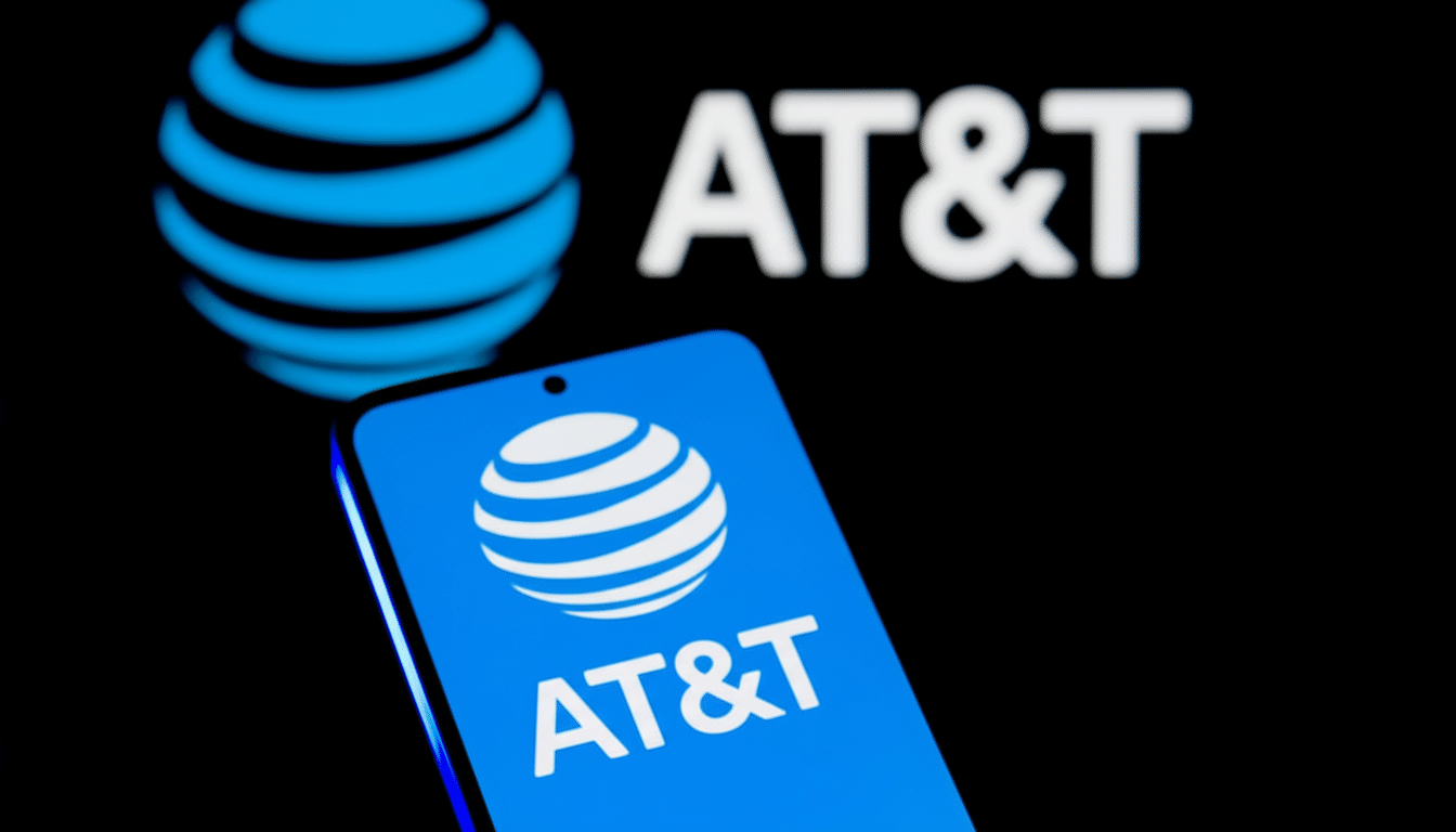 The AT&T logo displayed on a smartphone screen and blurred in the background, set against a dark background.