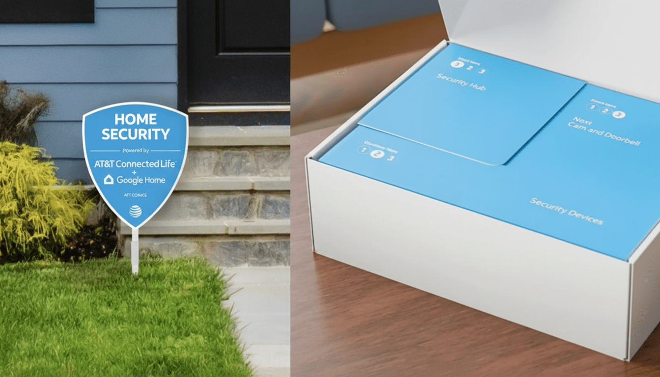 A split image showing a Home Security sign in a yard and an open box of Security Devices