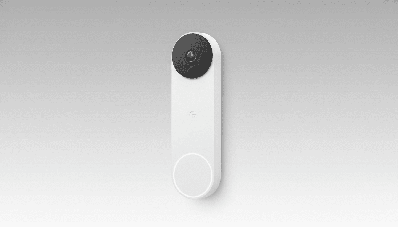 A white Google Nest Doorbell with a black camera lens at the top, centered on a professional flat gray background with a subtle gradient.