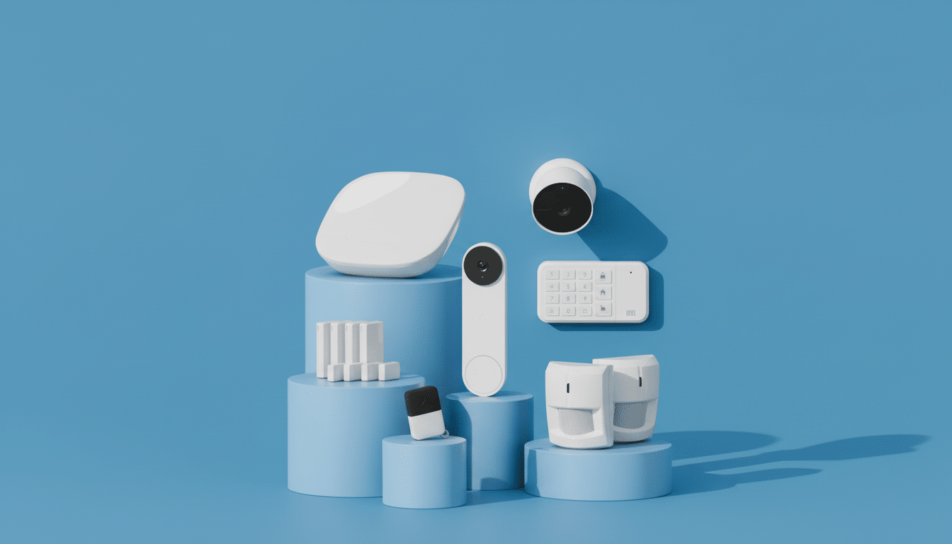 A collection of white smart home security devices, including a camera, doorbell, keypad, motion sensors, and other components, arranged on blue cylindrical pedestals against a solid blue background.
