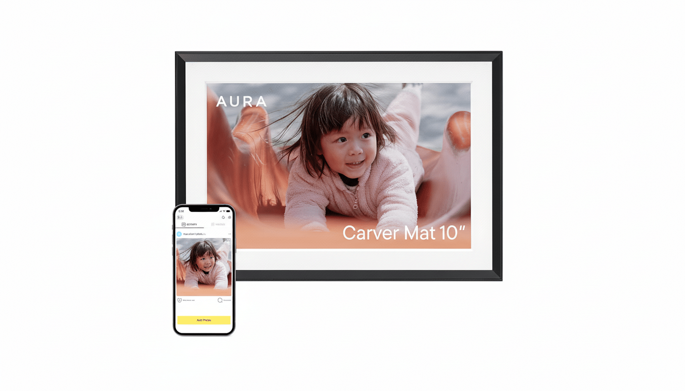 A black digital photo frame displaying a picture of a smiling child, with a smartphone showing the same image and an Add Photos button in the foreground.